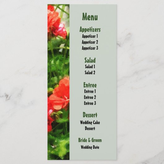 Helles Red Geraniums Wedding Menu Menükarte (Vorderseite)