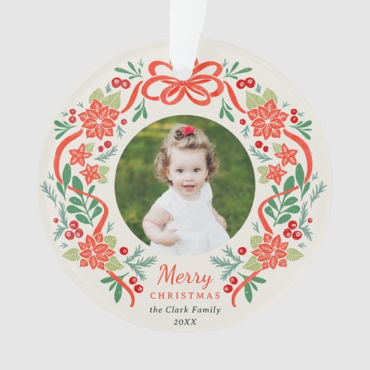 Helles Red Poinsettia und Grünes Weihnachtsfest Fo Ornament (Vorderseite)