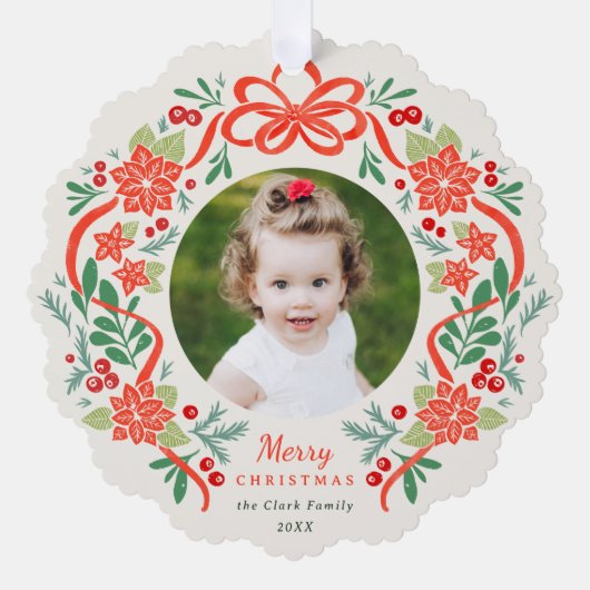 Helles Red Poinsettia und Grünes Weihnachtsfest Fo Ornament Karte (Vorderseite)