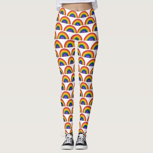 Helles Regenbogenmuster auf weißem LGBTQ-Stolz Leggings (Vorderseite)