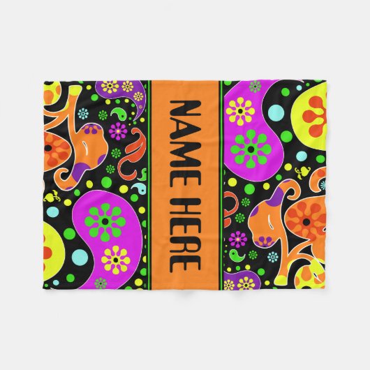 Helles Retro Paisley Pattern Individuelle Name Bla Fleecedecke (Vorderseite (Horizontal))