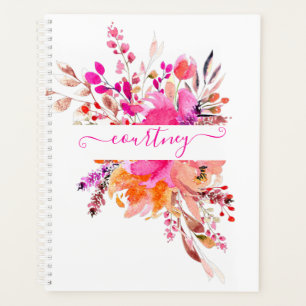 Helles rosa Aquarell-Blumenmuster personalisiert   Planer