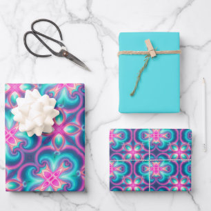 Helles rosa, blaues, grünes und orangefarbenes Mus Geschenkpapier Set