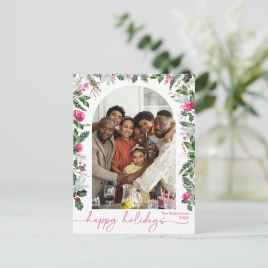 Helles Rosa Botanisches Arch Happy Holidays Foto Postkarte (Stehend Vorderseite)