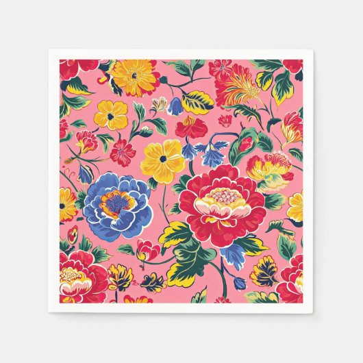 Helles Rosa Chinoiserie-Blumenmuster Serviette (Vorderseite)