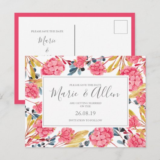 Helles Rosa Florals Save the Date Postkarte (Vorne/Hinten)