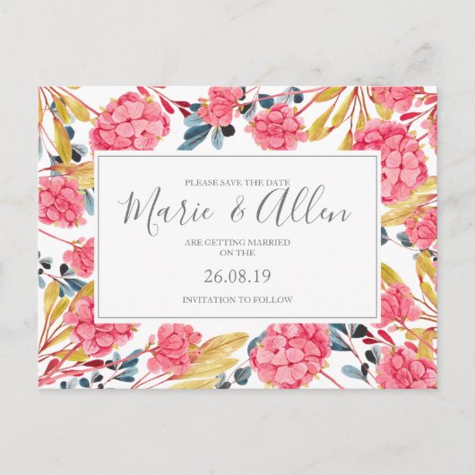 Helles Rosa Florals Save the Date Postkarte (Vorderseite)