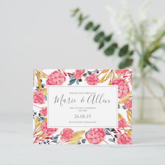 Helles Rosa Florals Save the Date Postkarte (Stehend Vorderseite)