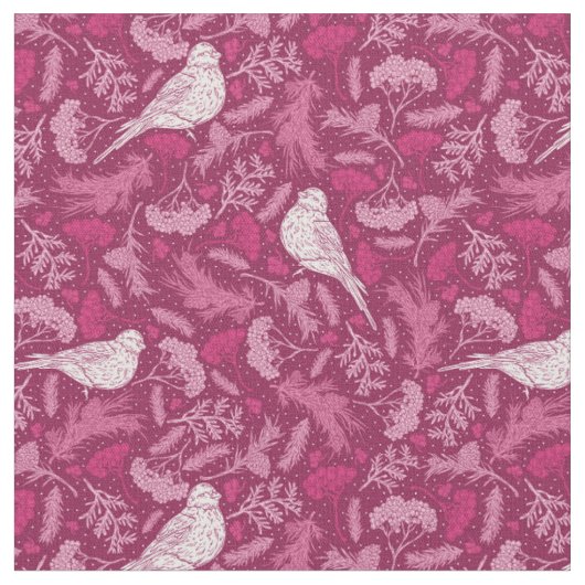 Helles rosa Mauve Winter White Bird Blumenmuster Stoff (Nahaufnahme)