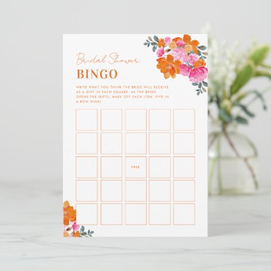 Helles Rosa Orange Brautparty Bingo Game Einladung (Stehend Vorderseite)