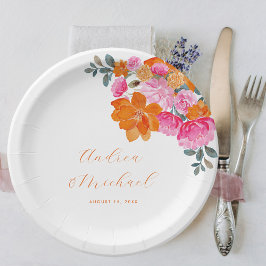 Helles Rosa & Orange Vibrannende Sommerblumenhochz Pappteller