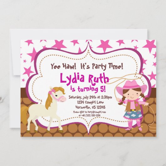 Helles rosa Stern-Cowgirl-und Einladung (Vorderseite)