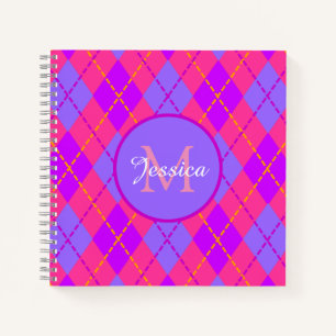 Helles Rosa und Blau Argyle-Muster Monogramm Notizblock