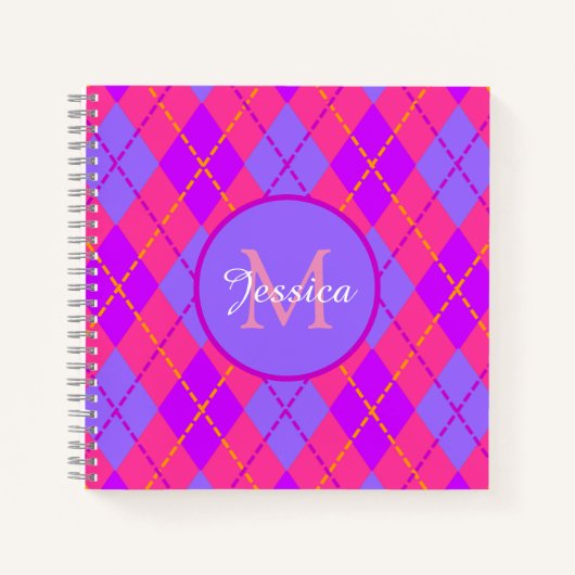 Helles Rosa und Blau Argyle-Muster Monogramm Notizblock (Vorderseite)