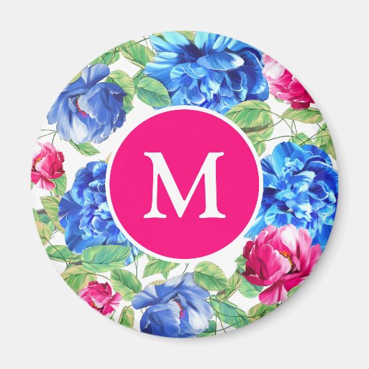 Helles Rosa und Blau Florales Hübsches Monogramm Magnet (Vorne)