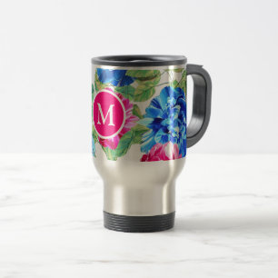 Helles Rosa und Blau Florales Hübsches Monogramm Reisebecher