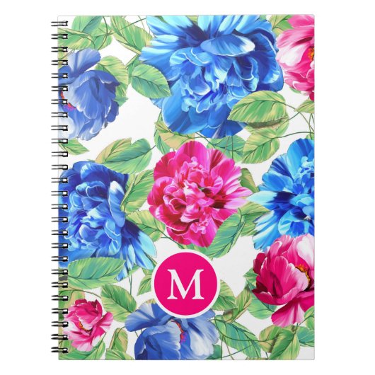 Helles Rosa und Blaues Blumen Schön Monogrammiert Notizblock (Vorderseite)