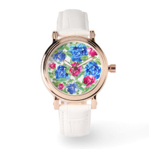 Helles Rosa und Blaues Florales Schönes Muster Armbanduhr