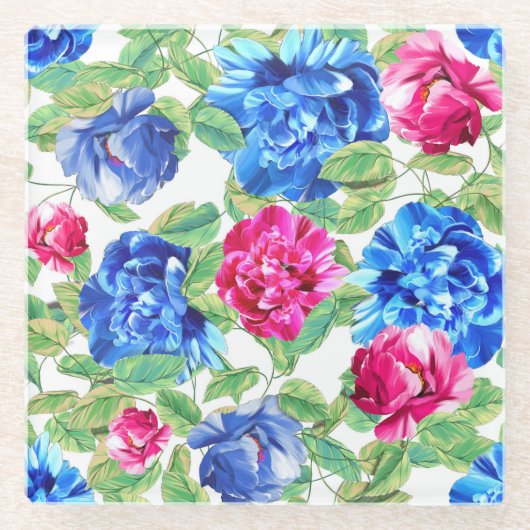 Helles Rosa und Blaues Florales Schönes Muster Glasuntersetzer (Vorderseite)