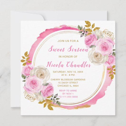 Helles Rosa und Gold Elegante Blume 16 . Geburtsta Einladung (Vorderseite)