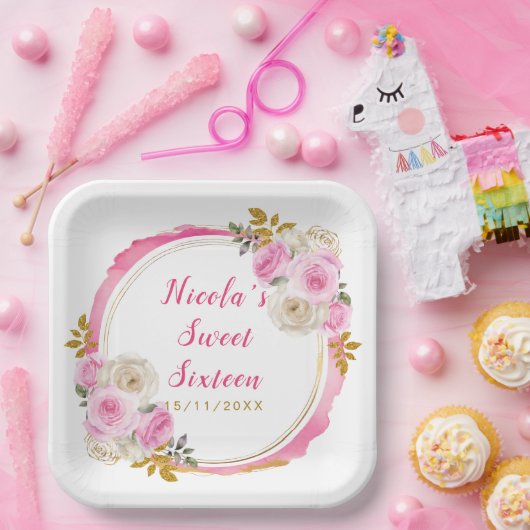 Helles Rosa und Gold Elegante Blume 16 . Geburtsta Pappteller (Party)