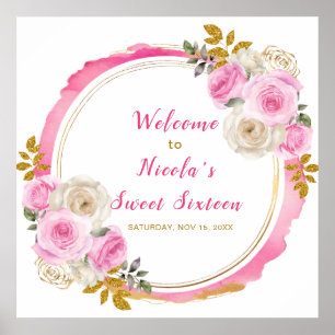 Helles Rosa und Gold Elegante Blume 16 . Geburtsta Poster