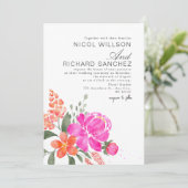 Helles Rosa und Orange Florale Hochzeit Einladung (Stehend Vorderseite)