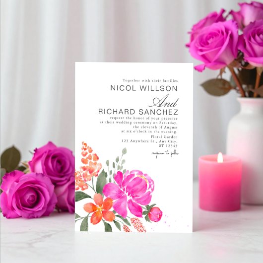 Helles Rosa und Orange Florale Hochzeit Einladung