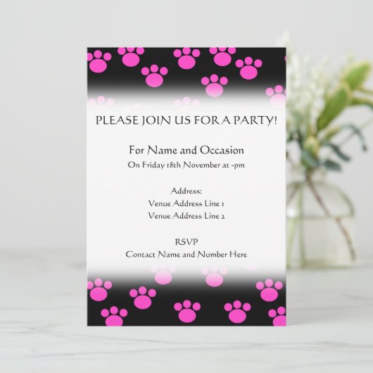 Helles, rosa und schwarz paw Druckmuster. Einladung (Stehend Vorderseite)