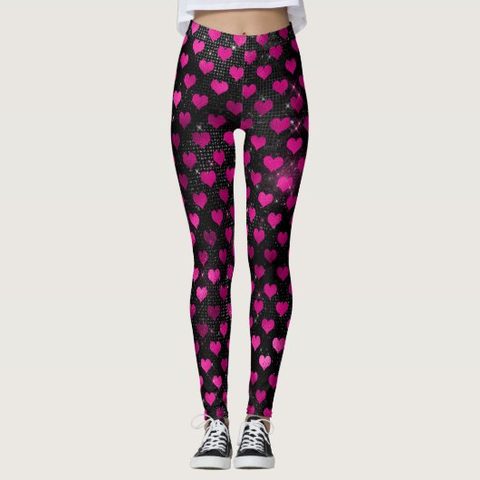 Helles rosa und schwarzes Glam Herz Muster Leggings (Vorderseite)