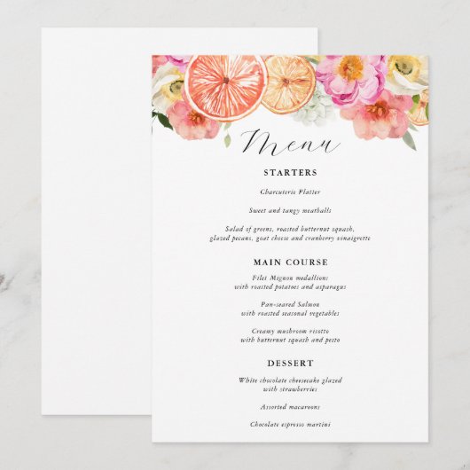 Helles, rosa Zitrusfrüchte-Hochzeitmenü Menükarte (Vorne/Hinten)