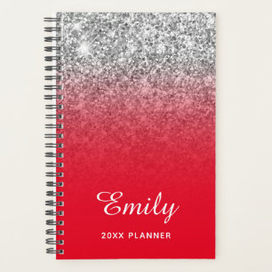 Helles Rot Silber Glitter Ombre Personalisiert Planer