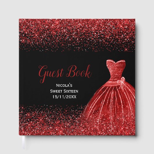 Helles rotes Kleid Faux Glitter Sweet 16 Gästebuch (Vorderseite)