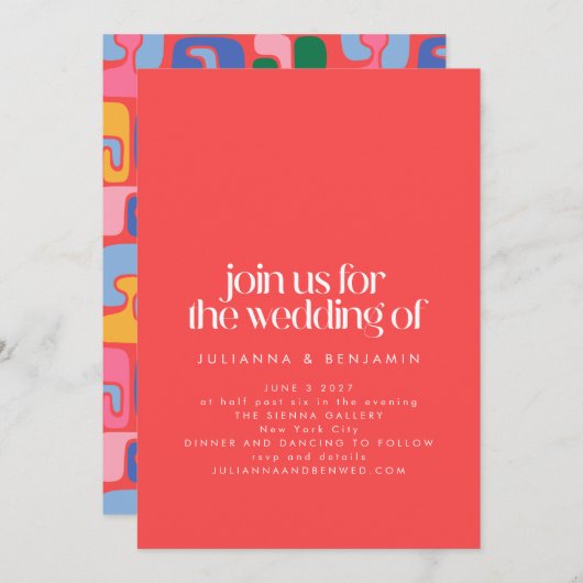 Helles Rotes Retro Coole Abstrakte Formen Hochzeit Einladung (Vorne/Hinten)