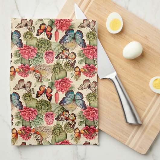Helles Sommermuster mit Schmetterlingen und Kaktee Geschirrtuch (Viertel Falte)