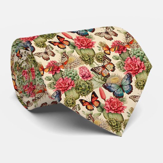 Helles Sommermuster mit Schmetterlingen und Kaktee Krawatte (Gerollt)