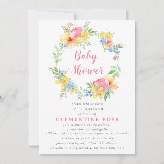 Helles Sommerrosa Blumenwasser Wasserfarben Babydu Einladung (Vorderseite)