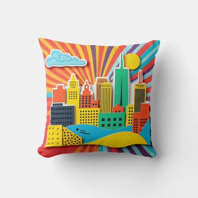 Helles Stadtscape Collage im Stil der 60er Jahre Kissen (Vorderseite)