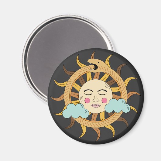 Helles Sun Ouroboros Snake & Clouds Occult Symbol Magnet (Vorderseite/Rückseite)