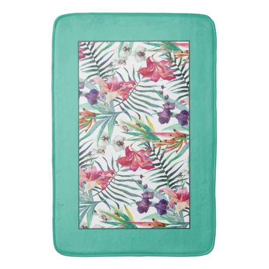 Helles tropisches Muster mit Aqua Border Badematte (Vorderseite Vertikal)