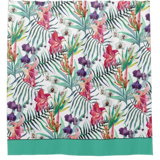 Helles tropisches Muster mit Aqua Border Duschvorhang (Vorderseite)