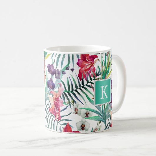 Helles tropisches Muster mit Monogramm Kaffeetasse (VorderseiteRechts)