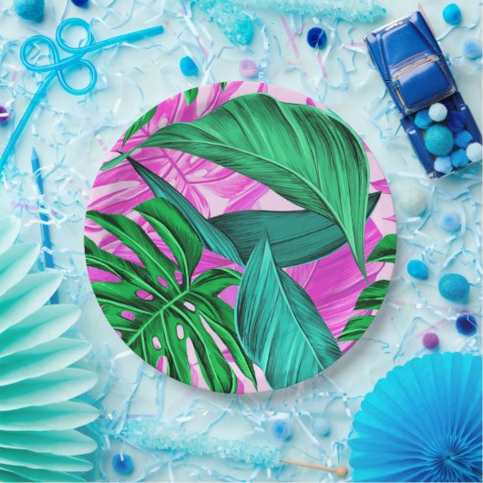 Helles tropisches Rosa und grüne Blätter Pappteller (Party)