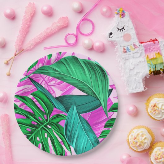 Helles tropisches Rosa und grüne Blätter Pappteller (Party)