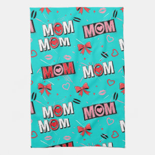 Helles Türkis MOM-Herzen-Schleifen-Pop-Art-Muster Geschirrtuch