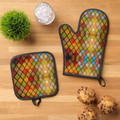 Helles und farbenfroh gestanztes Glasmuster Ofenhandschuh & Topflappen-Set (Oben Unten)