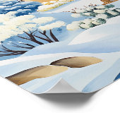 Helles Winterdorf mit schneebedeckten Hügeln und B Poster (Ecke)
