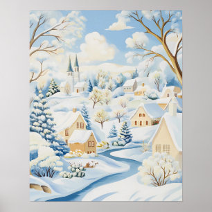 Helles Winterdorf mit schneebedeckten Hügeln und B Poster