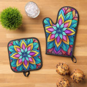 HELLFARBENE MANDALASE OFENHANDSCHUH & Topflappen-Set (Oben Unten)
