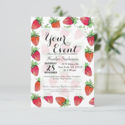 Hellfarbene Wasserfarben Erdbeeren Einladung (Stehend Vorderseite)